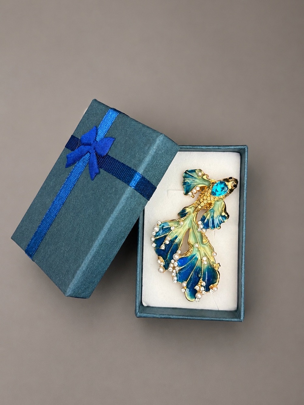 Blue Betta Fish Brooch Enamel Pearl Crystal Gold Tone Statement Pin Gift